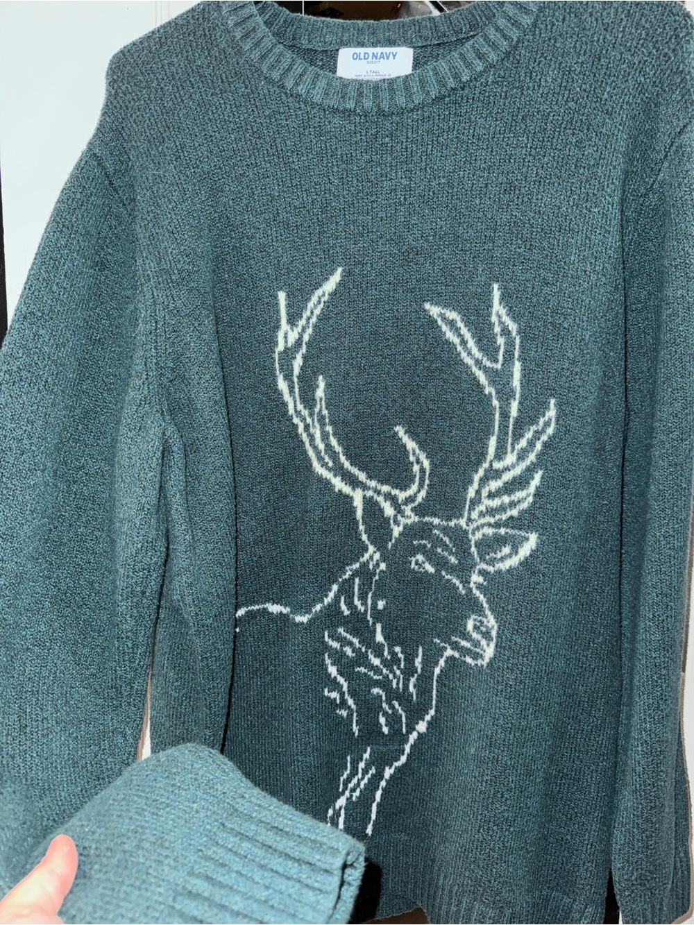 Old Navy Men's Teal Crewneck Sweater with Cream Deer Motif